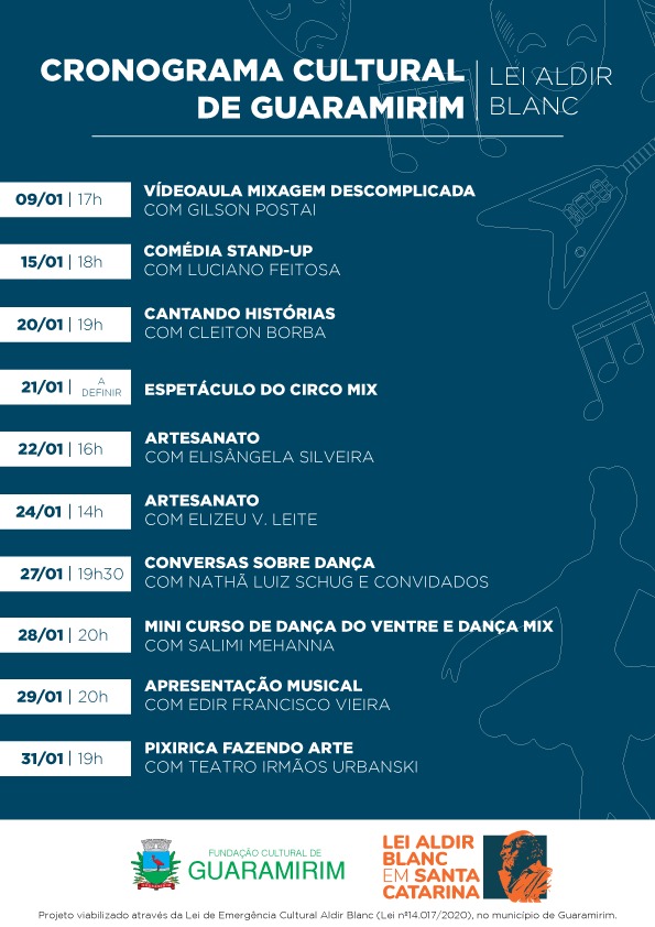Fundação Cultural de Guaramirim divulga calendário de apresentações da Lei Emergencial Aldir Blanc de janeiro