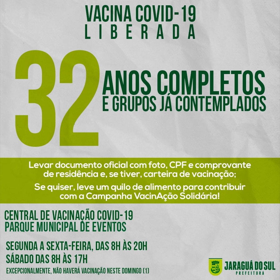 Liberada vacina contra covid-19 para pessoas com 32 anos ou mais em Jaraguá do Sul