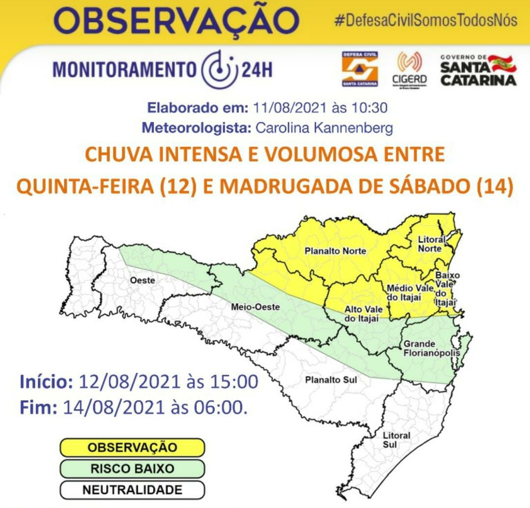 Defesa Civil emite alerta de chuva forte entre quinta-feira e sábado para região Norte catarinense