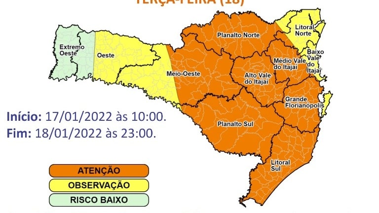Defesa Civil emite alerta de temporal para hoje em SC