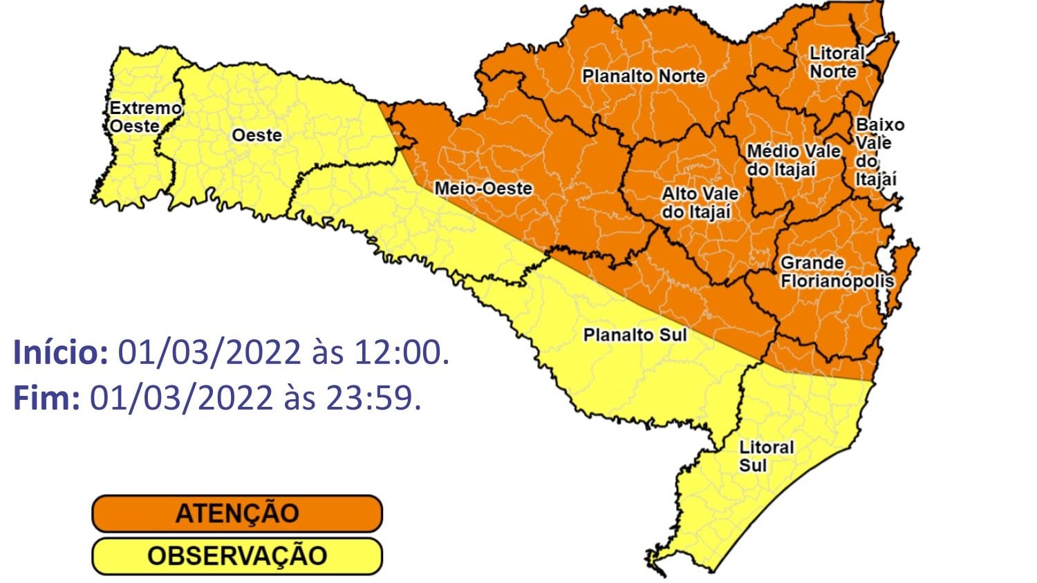 Defesa Civil emite alerta de temporais para hoje em SC