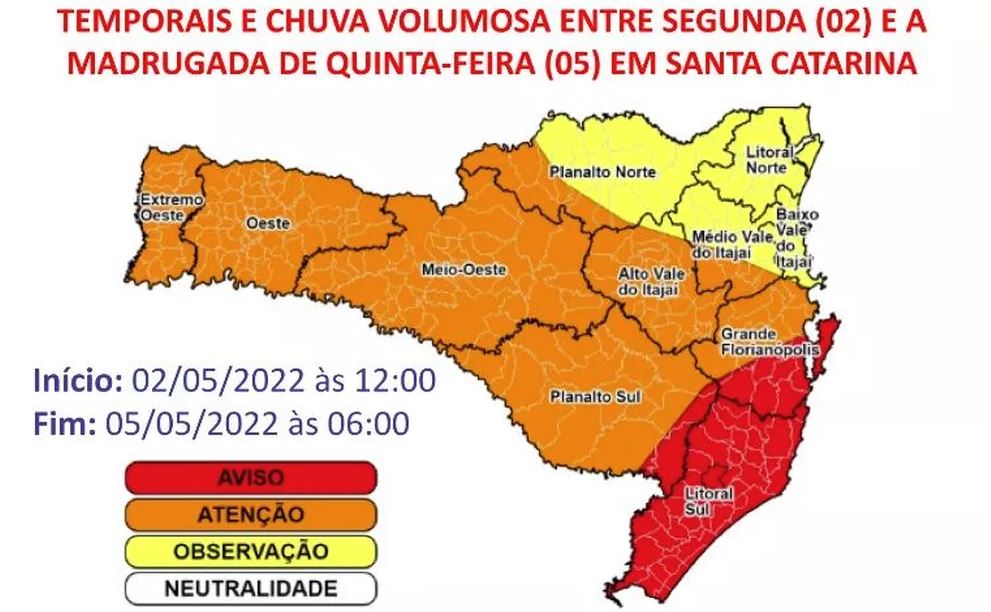 SC pode ter chuva esperada para todo o mês de maio em quatro dias, diz Defesa Civil