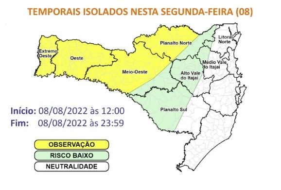 Defesa Civil emite alerta de temporais isolados para hoje em SC