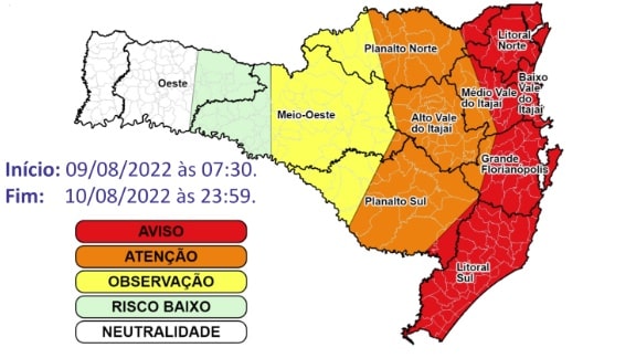 Acumulado de chuva pode passar dos 250 milímetros em Santa Catarina