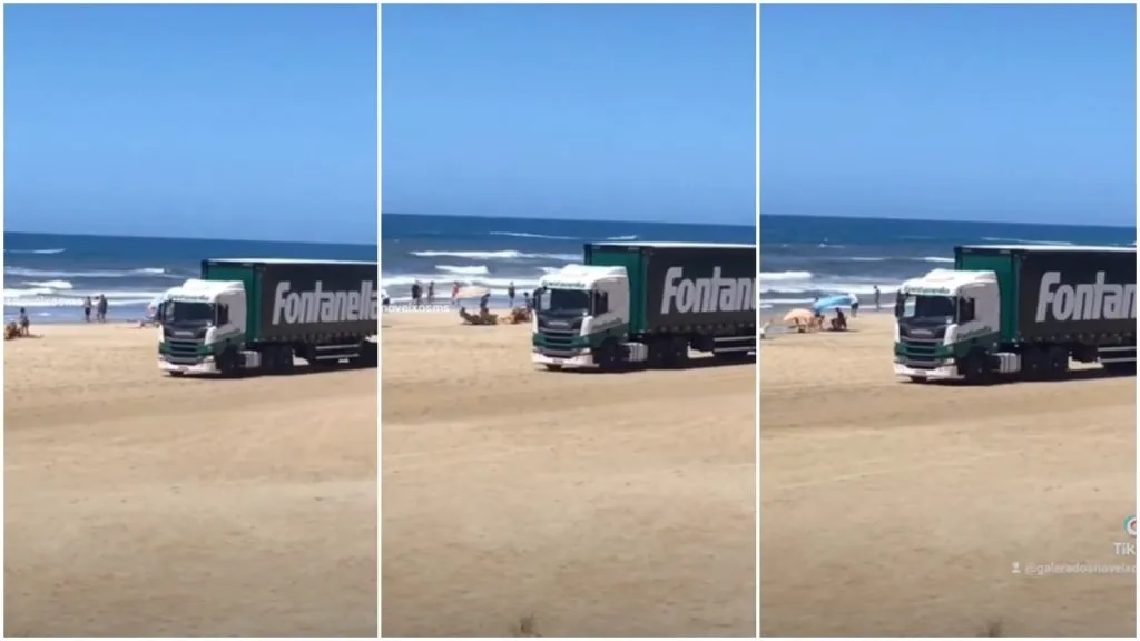 Caminhão chama atenção ao parar  na praia –  “SEGUI O GPS”