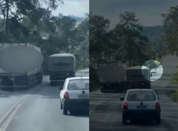 VÍDEO – Carreta frigorífica é flagrada realizando ultrapassagem perigosa na BR-470, no Vale do Itajaí