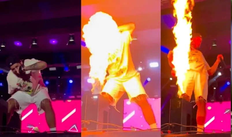 Zé Felipe quase tem o rosto atingido por chamas em show