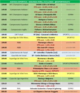 Confira a agenda esportiva mundial para essa segunda-feira, 27 de novembro