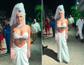 Deborah Secco usa look de toalha para Prêmio Multishow 2023: ‘Acabei de sair do banho’