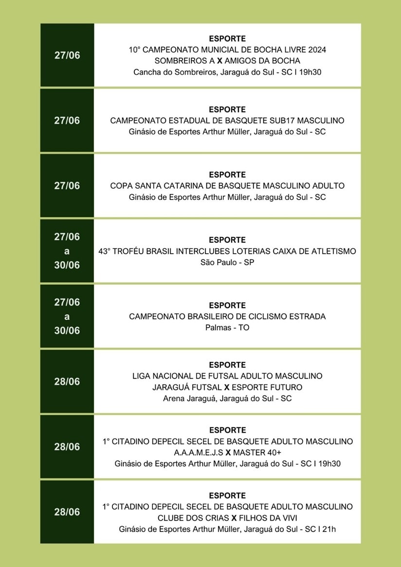Poliesportivo: Veja a programação esportiva de Jaraguá do Sul