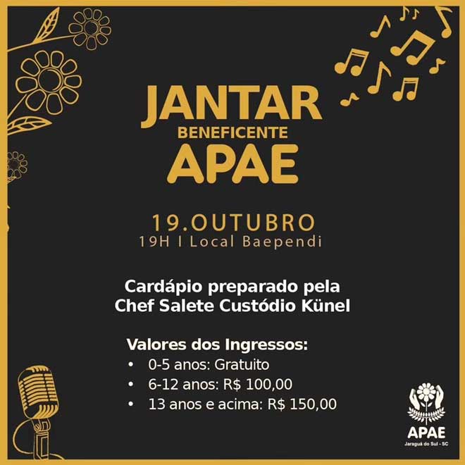 Apae realiza no sábado jantar beneficente; convites à venda