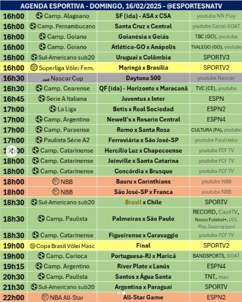 Confira a agenda esportiva mundial para esse domingo, 16 de fevereiro