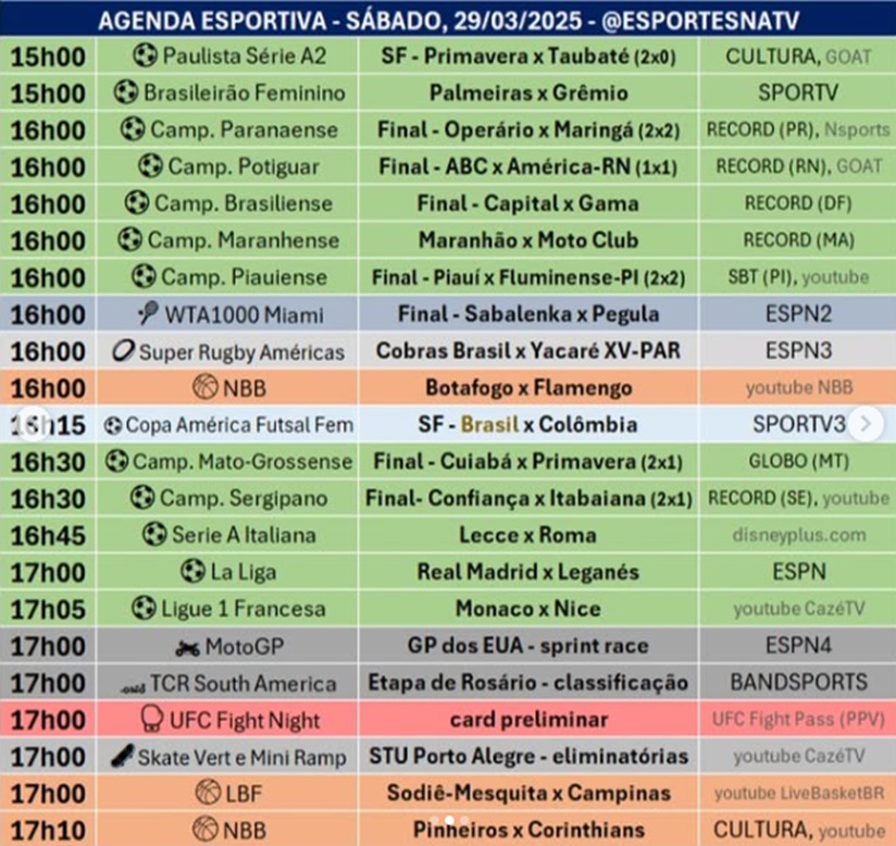 Confira a agenda esportiva mundial para esse sábado, 29 de março