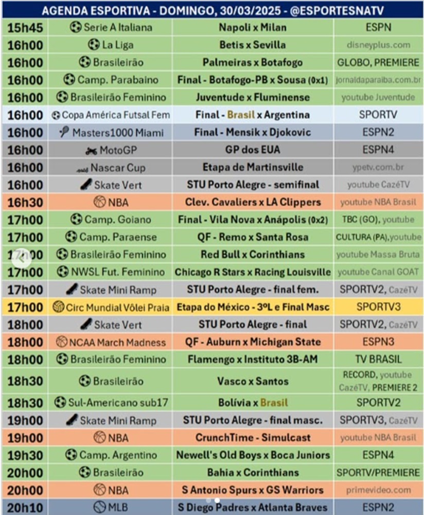 Confira a agenda esportiva mundial para esse domingo, 30 de março