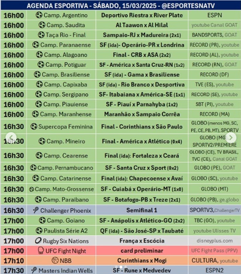 Confira a agenda esportiva mundial para esse sábado, 15 de março