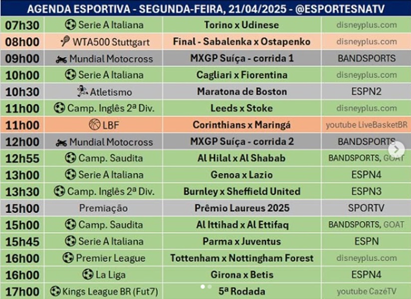 Confira a agenda esportiva mundial para essa segunda-feira, 21 de abril