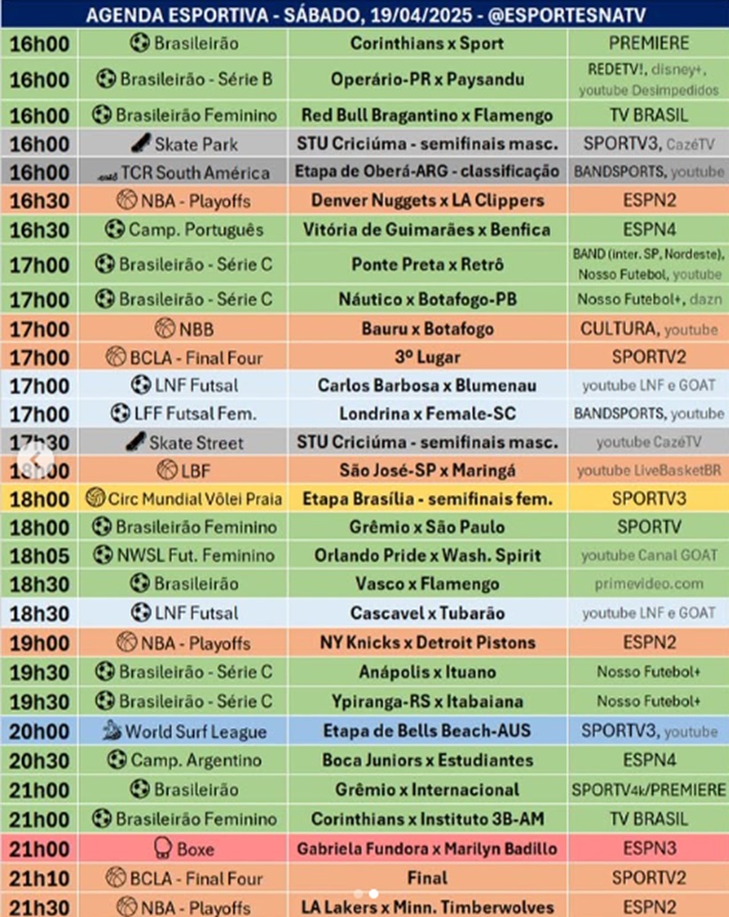 Confira a agenda esportiva mundial para esse sábado, 19 de abril