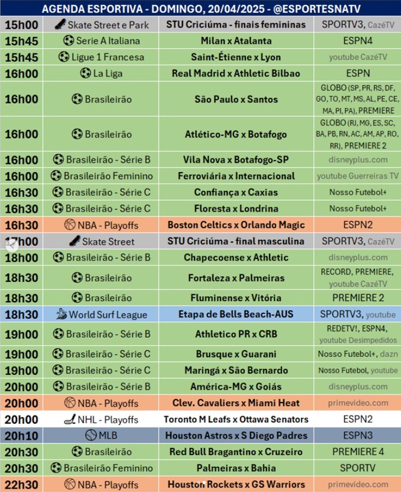 Confira a agenda esportiva mundial para esse domingo, 20 de abril