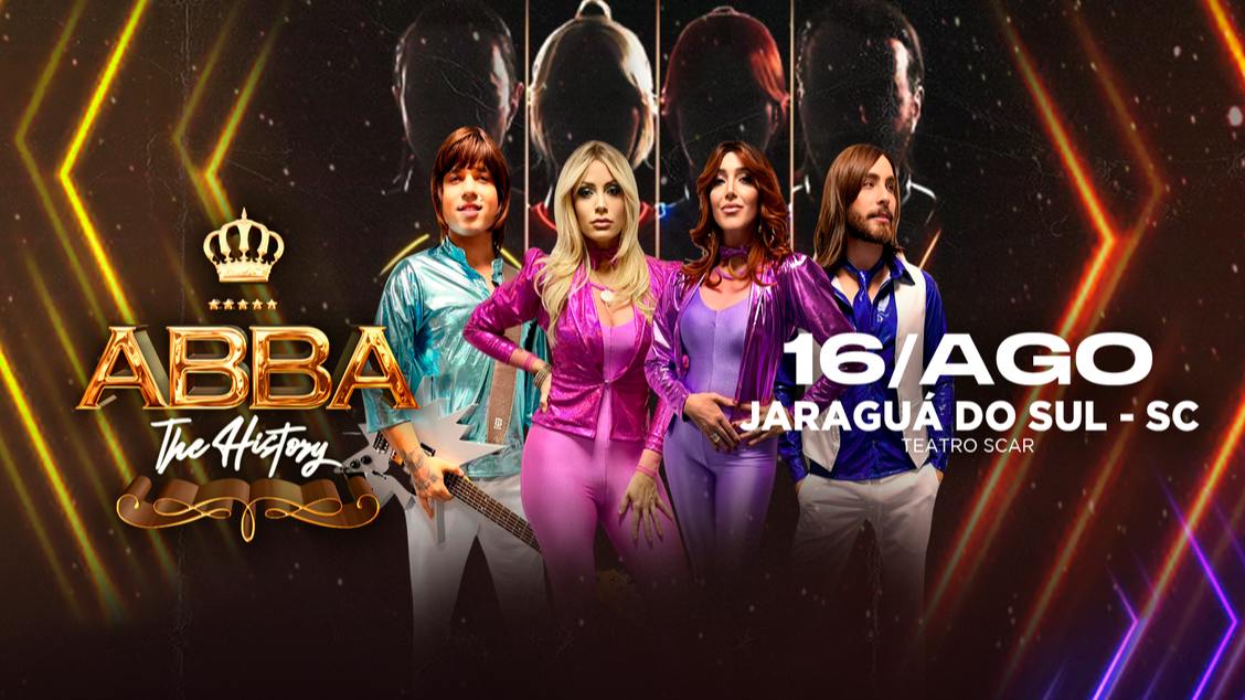 Integrantes do espetáculo ABBA The History caracterizados em figurinos coloridos dos anos 70