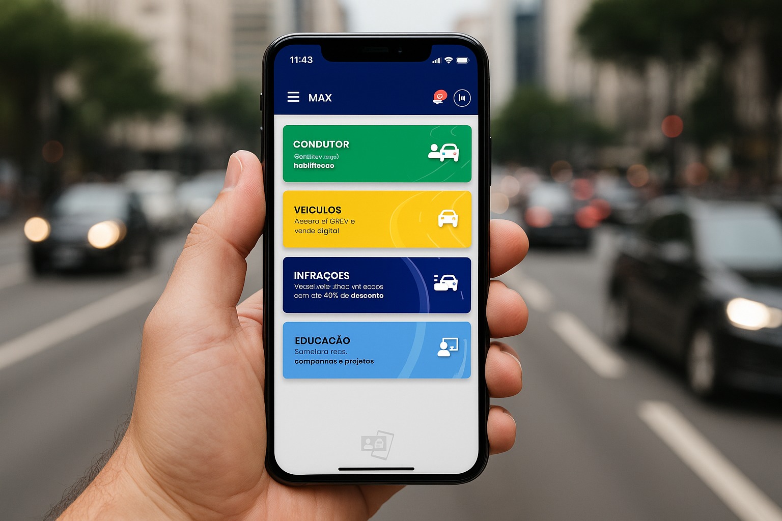 Aplicativo da Carteira Digital de Trânsito exibido em smartphone com opções para CNH, veículos e infrações