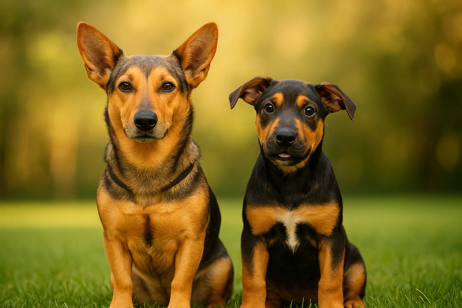 Dois cães de médio porte sentados lado a lado em gramado com fundo desfocado