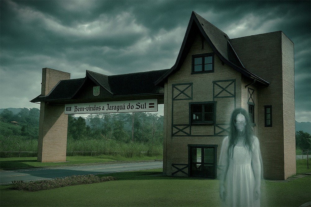 Montagem da lenda da fantasma em frente ao portal de entrada de Jaraguá do Sul