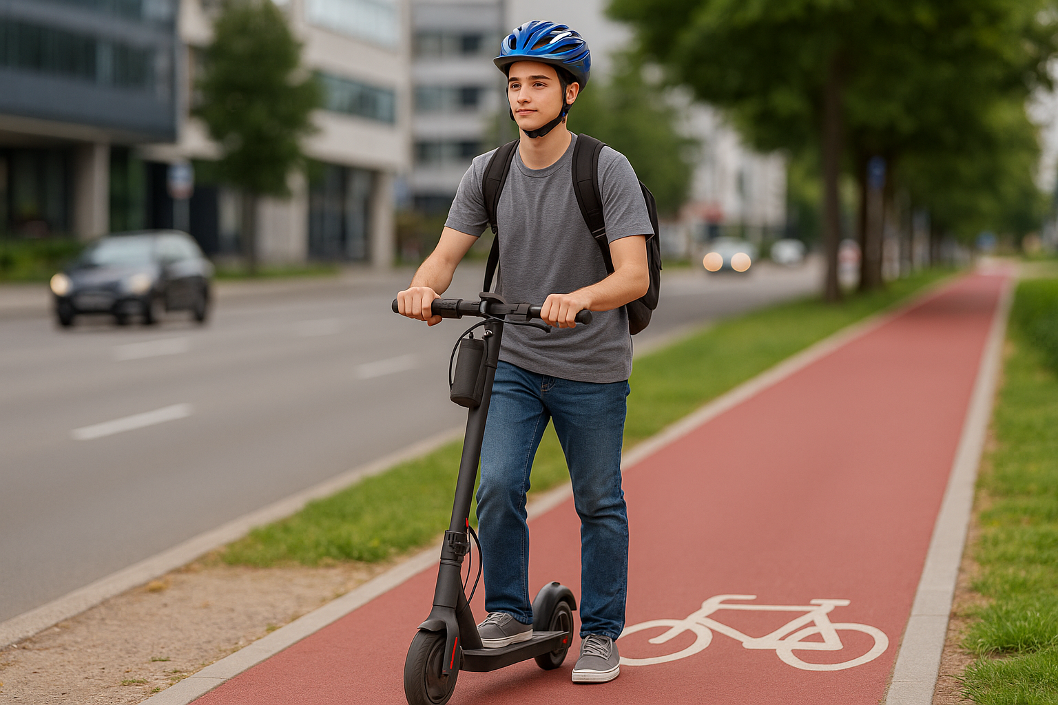 Jovem com capacete ciclístico anda de patinete elétrico em Jaraguá do Sul