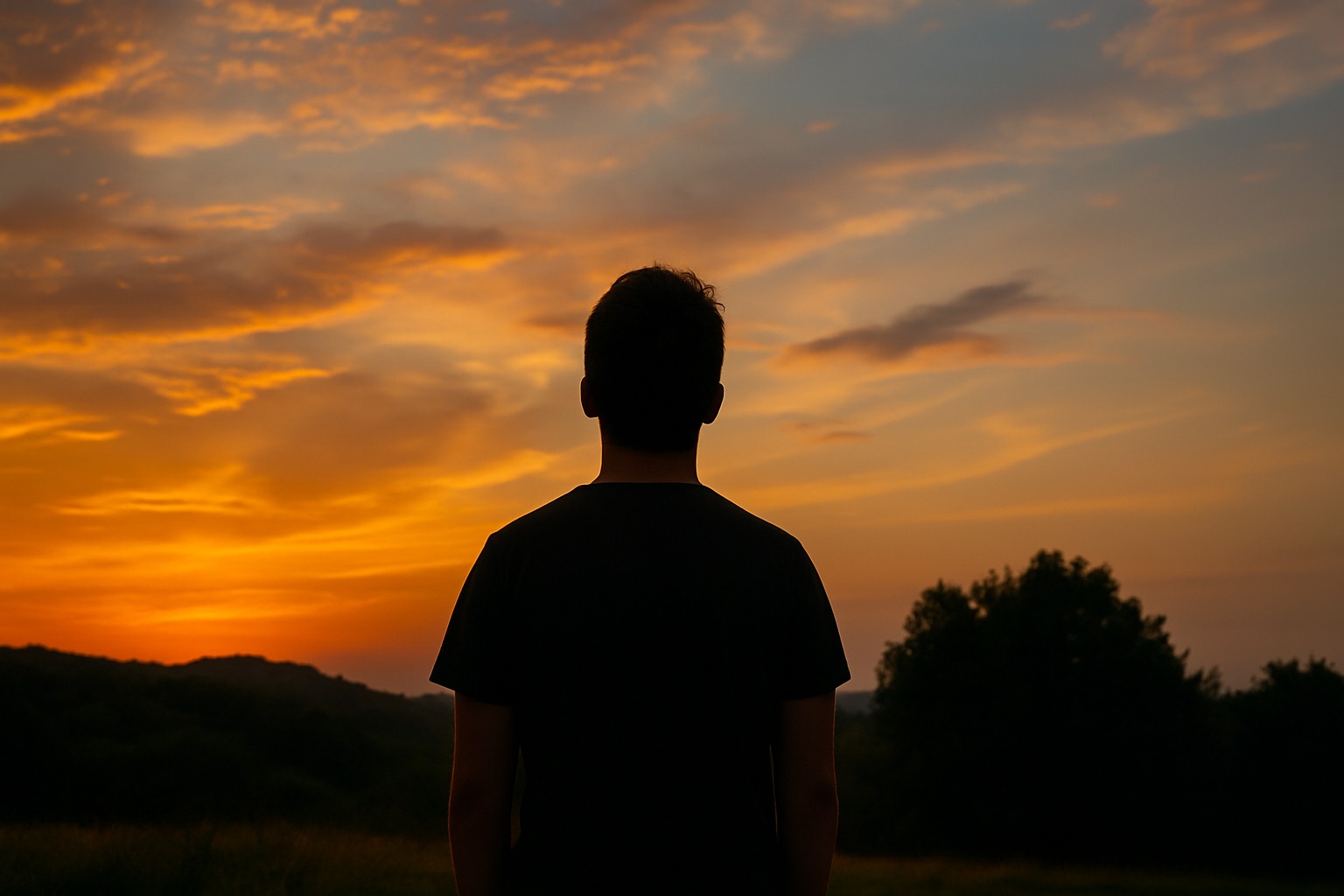 Pessoa observa o pôr do sol em silêncio, representando liberdade de crença e introspecção