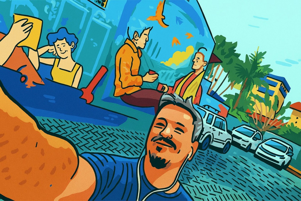 Artista posa diante de mural vibrante com estilo psicodélico e intervenção digital em Jaraguá do Sul