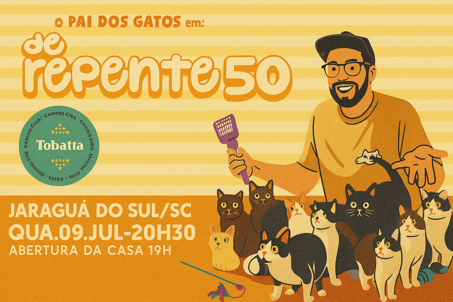 Comediante “Pai dos Gatos” apresenta stand-up em Jaraguá