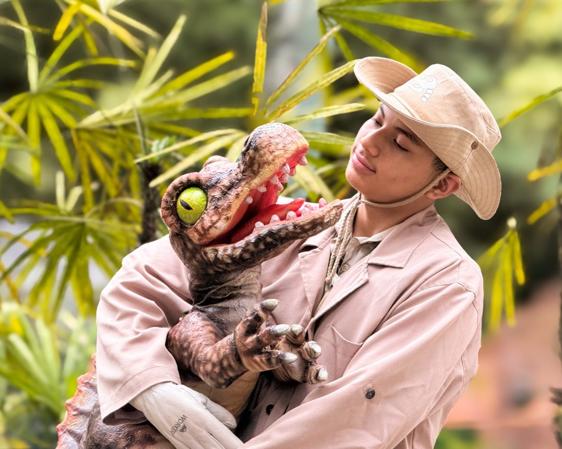 Monitor do parque segura espinossauro bebê.