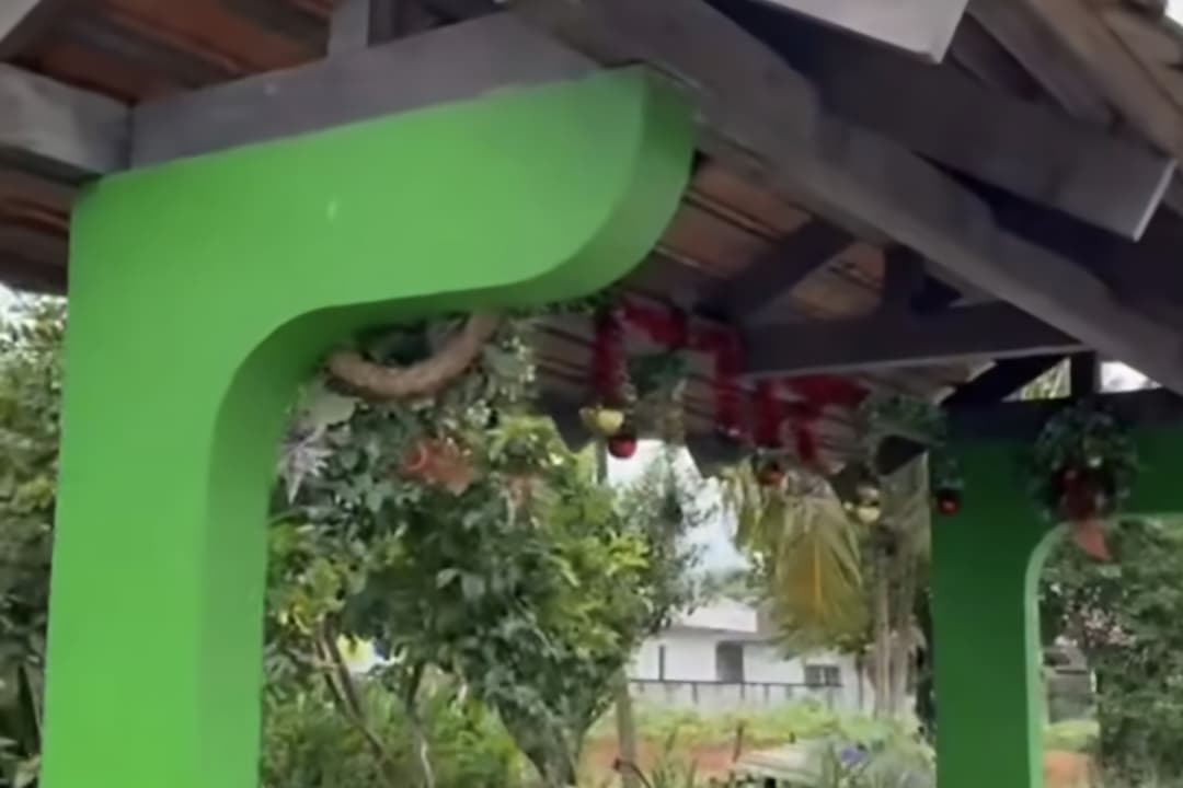 Moradores decoram ponto de ônibus com enfeites de Natal em Jaraguá do Sul