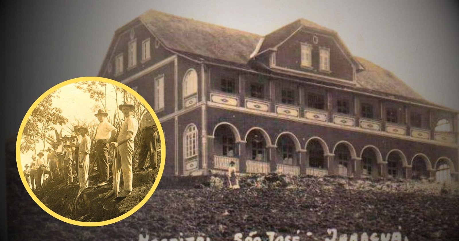 Montagem com o primeiro Hospital São José e moradores participando de um mutirão comunitário em Jaraguá do Sul, representando a história do voluntariado na cidade.